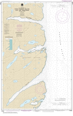 NOAA Chart 17333. Nautical Chart of Ports Herbert, Walter, Lucy and Armstrong - Alaska. NOAA charts portray water depths, coastlines, dangers, aids to navigation, landmarks, bottom characteristics and other features, as well as regulatory, tide, and other