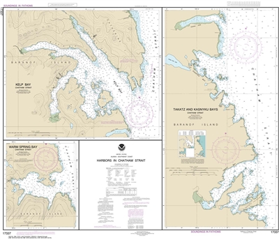 NOAA Chart 17337. Nautical Chart of Harbors in Chatham Strait Kelp Bay - Warm Spring Bay - Takatz and Kasnyku Bays - Alaska. NOAA charts portray water depths, coastlines, dangers, aids to navigation, landmarks, bottom characteristics and other features, a