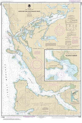 NOAA Chart 17339. Nautical Chart of Hood Bay and Kootznahoo Inlet - Alaska. NOAA charts portray water depths, coastlines, dangers, aids to navigation, landmarks, bottom characteristics and other features, as well as regulatory, tide, and other information
