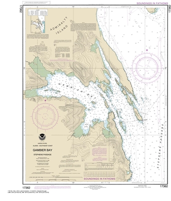 NOAA Chart 17362. Nautical Chart of Gambier Bay, Stephens Passage - Alaska. NOAA charts portray water depths, coastlines, dangers, aids to navigation, landmarks, bottom characteristics and other features, as well as regulatory, tide, and other information