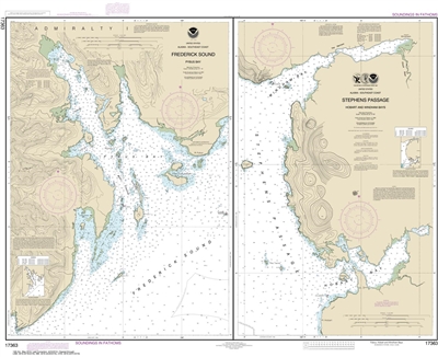 NOAA Chart 17363. Nautical Chart of Pybus Bay, Frederick Sound - Hobart and Windham Bays, Stephens P. - Alaska. NOAA charts portray water depths, coastlines, dangers, aids to navigation, landmarks, bottom characteristics and other features, as well as reg