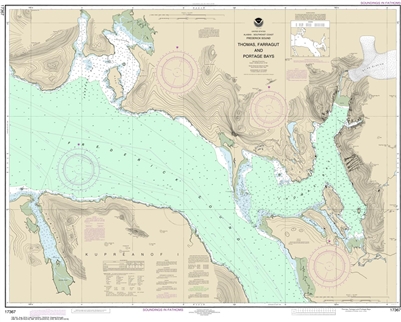 NOAA Chart 17367. Nautical Chart of Thomas, Farragut, and Portage Bays, Frederick Sound - Alaska. NOAA charts portray water depths, coastlines, dangers, aids to navigation, landmarks, bottom characteristics and other features, as well as regulatory, tide,