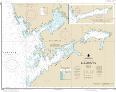 NOAA Chart 17370. Nautical Chart of Bay of Pillars and Rowan Bay, Chatham Strait - Washington Bay, Chatham Strait - Alaska. NOAA charts portray water depths, coastlines, dangers, aids to navigation, landmarks, bottom characteristics and other features, as