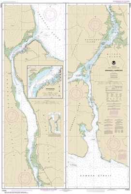 NOAA Chart 17375. Nautical Chart of Wrangell Narrows - Petersburg Harbor - Alaska. NOAA charts portray water depths, coastlines, dangers, aids to navigation, landmarks, bottom characteristics and other features, as well as regulatory, tide, and other info