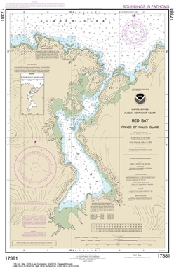 NOAA Chart 17381. Nautical Chart of Red Bay, Prince of Wales Island - Alaska. NOAA charts portray water depths, coastlines, dangers, aids to navigation, landmarks, bottom characteristics and other features, as well as regulatory, tide, and other informati