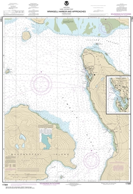 NOAA Chart 17384. Nautical Chart of Wrangell Harbor and approaches - Wrangell Harbor - Alaska. NOAA charts portray water depths, coastlines, dangers, aids to navigation, landmarks, bottom characteristics and other features, as well as regulatory, tide, an