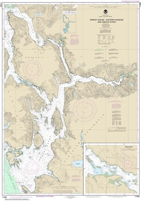 NOAA Chart 17385. Nautical Chart of Ernest Sound - Eastern Passage and Zimovia Strait - Zimovia Strait - Alaska. NOAA charts portray water depths, coastlines, dangers, aids to navigation, landmarks, bottom characteristics and other features, as well as re