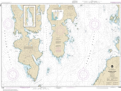 NOAA Chart 17386. Nautical Chart of Sumner Strait - Southern part - Alaska. NOAA charts portray water depths, coastlines, dangers, aids to navigation, landmarks, bottom characteristics and other features, as well as regulatory, tide, and other information