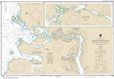 NOAA Chart 17387. Nautical Chart of Shakan and Shipley Bays and Part of El Capitan Passage - El Capitan Pasage, Dry Pass to Shakan Strait - Alaska. NOAA charts portray water depths, coastlines, dangers, aids to navigation, landmarks, bottom characteristic