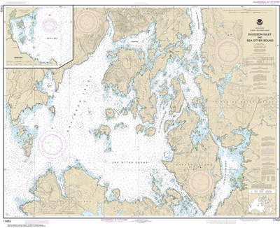 NOAA Chart 17403. Nautical Chart of Davidson Inlet and Sea Otter Sound - Edna Bay - Alaska. NOAA charts portray water depths, coastlines, dangers, aids to navigation, landmarks, bottom characteristics and other features, as well as regulatory, tide, and o