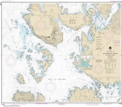 NOAA Chart 17404. Nautical Chart of San Christoval Channel to Cape Lynch- Alaska. NOAA charts portray water depths, coastlines, dangers, aids to navigation, landmarks, bottom characteristics and other features, as well as regulatory, tide, and other infor