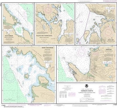 NOAA Chart 17423. Nautical Chart of Harbor Charts - Clarence Strait and Behm Canal Dewey Anchorage, Etolin Island - Ratz Harbor, Prince of Wales Island - Naha Bay, Revillagigedo Island - Tolstoi and Thorne Bays, Prince of Wales ls. - Union Bay, Cleveland