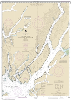 NOAA Chart 17427. Nautical Chart of Portland Canal - Dixon Entrance to Hattie Island - Alaska. NOAA charts portray water depths, coastlines, dangers, aids to navigation, landmarks, bottom characteristics and other features, as well as regulatory, tide, an