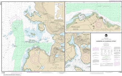 NOAA Chart 17435. Nautical Chart of Harbors in Clarence Strait Port Chester, Annette Island - Tamgas Harbor, Annette Island - Metlakatla Harbor - Alaska. NOAA charts portray water depths, coastlines, dangers, aids to navigation, landmarks, bottom characte