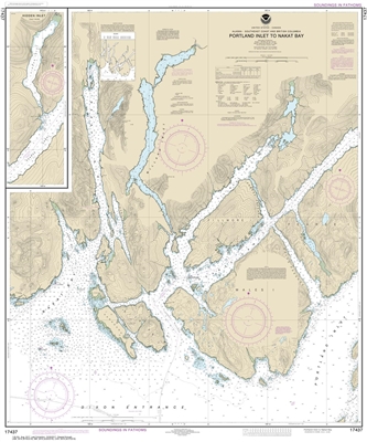 NOAA Chart 17437. Nautical Chart of Portland Inlet to Nakat Bay - Alaska. NOAA charts portray water depths, coastlines, dangers, aids to navigation, landmarks, bottom characteristics and other features, as well as regulatory, tide, and other information.