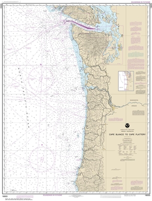 NOAA Chart 18003. Nautical Chart of Cape Blanco to Cape Flattery. NOAA charts portray water depths, coastlines, dangers, aids to navigation, landmarks, bottom characteristics and other features, as well as regulatory, tide, and other information. They con