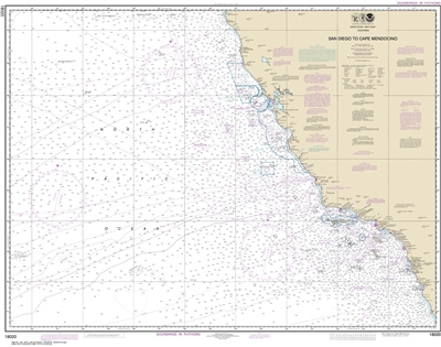 NOAA Chart 18020. Nautical Chart of San Diego to Cape Mendocino. NOAA charts portray water depths, coastlines, dangers, aids to navigation, landmarks, bottom characteristics and other features, as well as regulatory, tide, and other information. They cont