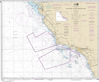 NOAA Chart 18022. Nautical Chart of San Diego to an Francisco Bay. NOAA charts portray water depths, coastlines, dangers, aids to navigation, landmarks, bottom characteristics and other features, as well as regulatory, tide, and other information. They co