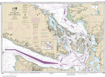 NOAA Chart 18400. Nautical Chart of the Strait of Georgia and Strait of Juan De Fuca. NOAA charts portray water depths, coastlines, dangers, aids to navigation, landmarks, bottom characteristics and other features, as well as regulatory, tide, and other