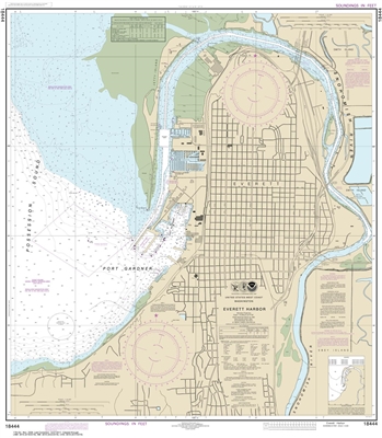 NOAA Nautical Chart 118444. Everett Harbor. NOAA maps portray water depths, coastlines, dangers, aids to navigation, landmarks, bottom characteristics and other features, as well as regulatory, tide, and other information. They contain all critical correc