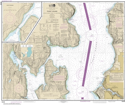 NOAA Chart 18446. Nautical Chart of Puget Sound - Apple Cove Point to Keyport. Agate Passage inset at 1:10,000. NOAA charts portray water depths, coastlines, dangers, aids to navigation, landmarks, bottom characteristics and other features, as well as reg