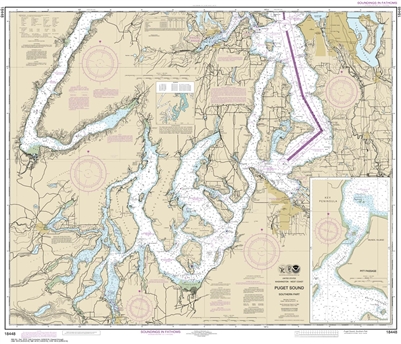 NOAA Chart 18448 Puget Sound Seattle to Olympia Nautical Chart. NOAA charts portray water depths, coastlines, dangers, aids to navigation, landmarks, bottom characteristics and other features, as well as regulatory, tide, and other information. They conta