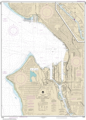 NOAA Chart 18446. Nautical Chart of Seattle Harbor, Elliott Bay and Duwamish Waterway. NOAA charts portray water depths, coastlines, dangers, aids to navigation, landmarks, bottom characteristics and other features, as well as regulatory, tide, and other