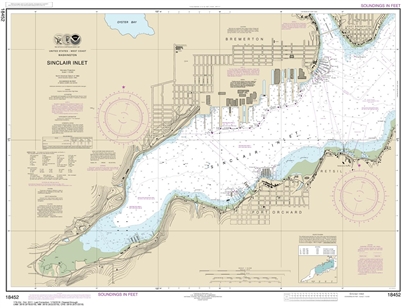 NOAA Chart 18452. Nautical Chart of Sinclair Inlet. NOAA charts portray water depths, coastlines, dangers, aids to navigation, landmarks, bottom characteristics and other features, as well as regulatory, tide, and other information. They contain all criti