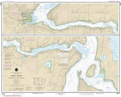 NOAA Chart 18457. Nautical Chart of Puget Sound - Hammersley Inlet to Shelton. NOAA charts portray water depths, coastlines, dangers, aids to navigation, landmarks, bottom characteristics and other features, as well as regulatory, tide, and other informat