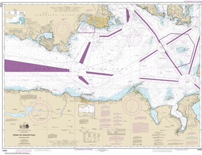 NOAA Nautical Chart 18465. Strait Of Juan De Fuca Eastern Part. NOAA maps portray water depths, coastlines, dangers, aids to navigation, landmarks, bottom characteristics and other features, as well as regulatory, tide, and other information. They contain