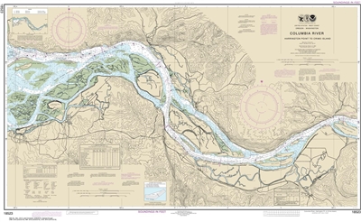 NOAA Chart 18523. Nautical Chart of Columbia River Harrington Point to Crims Island. NOAA charts portray water depths, coastlines, dangers, aids to navigation, landmarks, bottom characteristics and other features, as well as regulatory, tide, and other in