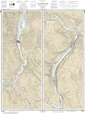 NOAA Chart 18528. Nautical Chart of Willamette River Portland to Walnut Eddy. NOAA charts portray water depths, coastlines, dangers, aids to navigation, landmarks, bottom characteristics and other features, as well as regulatory, tide, and other informati