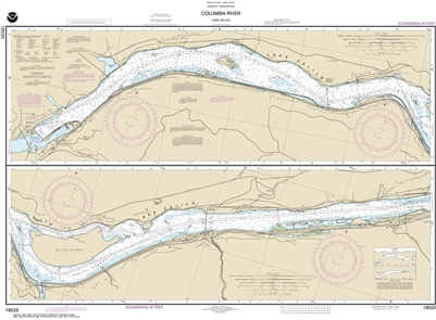 NOAA Chart 18533. Nautical Chart of Columbia River - Lake Celilo. NOAA charts portray water depths, coastlines, dangers, aids to navigation, landmarks, bottom characteristics and other features, as well as regulatory, tide, and other information. They con