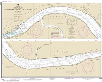 NOAA Chart 18535. Nautical Chart of Columbia River - John Day Dam to Blalock. NOAA charts portray water depths, coastlines, dangers, aids to navigation, landmarks, bottom characteristics and other features, as well as regulatory, tide, and other informati