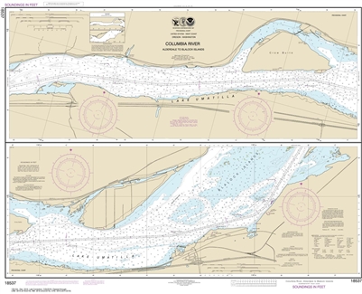 NOAA Chart 18537. Nautical Chart of Columbia River - Alderdale to Blalock Islands. NOAA charts portray water depths, coastlines, dangers, aids to navigation, landmarks, bottom characteristics and other features, as well as regulatory, tide, and other info