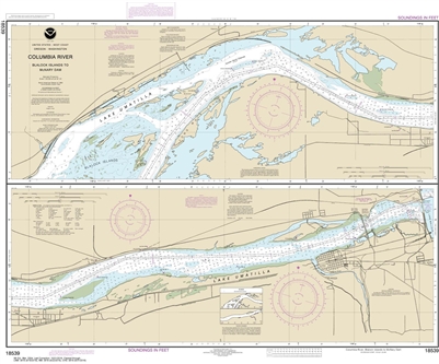 NOAA Chart 18539. Nautical Chart of Columbia River - Blalock Islands to McNary Dam. NOAA charts portray water depths, coastlines, dangers, aids to navigation, landmarks, bottom characteristics and other features, as well as regulatory, tide, and other inf