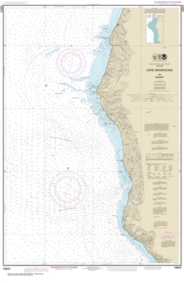 NOAA Chart 18623. Nautical Chart of Cape Mendocino and vicinity. NOAA charts portray water depths, coastlines, dangers, aids to navigation, landmarks, bottom characteristics and other features, as well as regulatory, tide, and other information. They cont