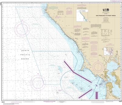 NOAA Chart 18640. Nautical Chart of San Francisco to Point Arena. NOAA charts portray water depths, coastlines, dangers, aids to navigation, landmarks, bottom characteristics and other features, as well as regulatory, tide, and other information. They con