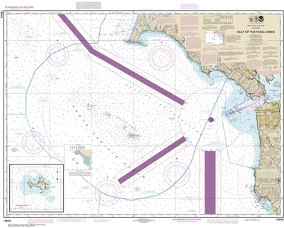 NOAA Chart 18645. Nautical Chart of Gulf of the Farallones. Includes SE Farallon. NOAA charts portray water depths, coastlines, dangers, aids to navigation, landmarks, bottom characteristics and other features, as well as regulatory, tide, and other infor