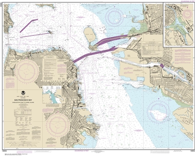 NOAA Chart 18650. Nautical Chart of San Francisco Bay - Candlestick Point to Angel Island. NOAA charts portray water depths, coastlines, dangers, aids to navigation, landmarks, bottom characteristics and other features, as well as regulatory, tide, and ot