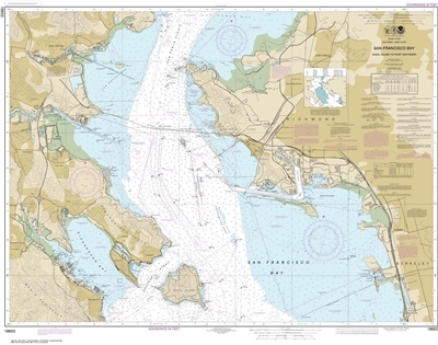 NOAA Chart 18653. Nautical Chart of San Francisco Bay - Angel Island to Point San Pedro. NOAA charts portray water depths, coastlines, dangers, aids to navigation, landmarks, bottom characteristics and other features, as well as regulatory, tide, and othe