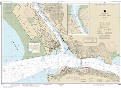 NOAA Chart 18655 Nautical Chart of Mare Island Strait. NOAA charts portray water depths, coastlines, dangers, aids to navigation, landmarks, bottom characteristics and other features, as well as regulatory, tide, and other information. They contain all cr