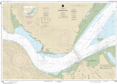 NOAA Chart 18657. Nautical Chart of Carquinez Strait. NOAA charts portray water depths, coastlines, dangers, aids to navigation, landmarks, bottom characteristics and other features, as well as regulatory, tide, and other information. They contain all cri