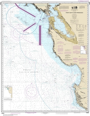 NOAA Chart 18680. Nautical Chart of Point Sur to San Francisco. NOAA charts portray water depths, coastlines, dangers, aids to navigation, landmarks, bottom characteristics and other features, as well as regulatory, tide, and other information. They conta