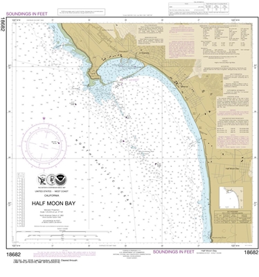 NOAA Chart 18682. Historical Nautical Chart of Half Moon Bay. Known as a famous place for surfing. NOAA charts portray water depths, coastlines, dangers, aids to navigation, landmarks, bottom characteristics and other features, as well as regulatory, tide