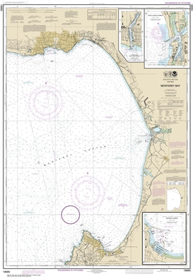 NOAA Chart 18685. Nautical Chart of Monterey Bay. Includes insets of Monterey Harbor, Moss Landing Harbor, and Santa Cruz Small Craft Harbor. NOAA charts portray water depths, coastlines, dangers, aids to navigation, landmarks, bottom characteristics and