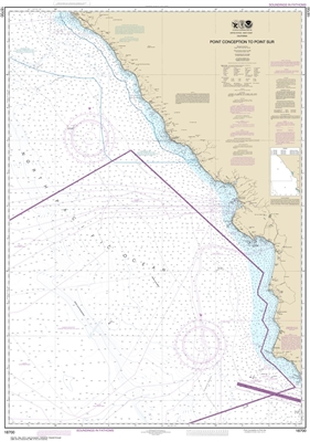 NOAA Chart 18700. Nautical Chart of Point Conception to Point Sur. NOAA charts portray water depths, coastlines, dangers, aids to navigation, landmarks, bottom characteristics and other features, as well as regulatory, tide, and other information. They co