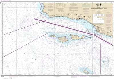 NOAA Chart 18720. Nautical Chart of Point Dume to Purisma Point. NOAA charts portray water depths, coastlines, dangers, aids to navigation, landmarks, bottom characteristics and other features, as well as regulatory, tide, and other information. They cont
