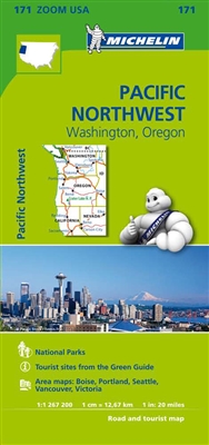 Pacific NW USA travel & road map. Michelin USA Pacific Northwest Map 171 part of Michelin's brand-new US regional map series with bright green covers zooms in close for comprehensive coverage of Washington and Oregon, extending up over the Canadian border