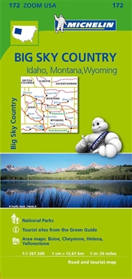 Idaho, Montana & Wyoming Travel Map. Michelin USA Big Sky Country Map 172 (scale: 1:1,267,000) part of Michelin's brand-new US regional map series with bright green covers zooms in close for comprehensive coverage of Idaho, Montana and Wyoming. It contain